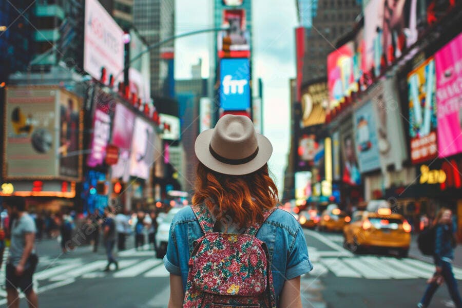 Foto Mulher Turista Chapéu Mochila Times Square Nova York