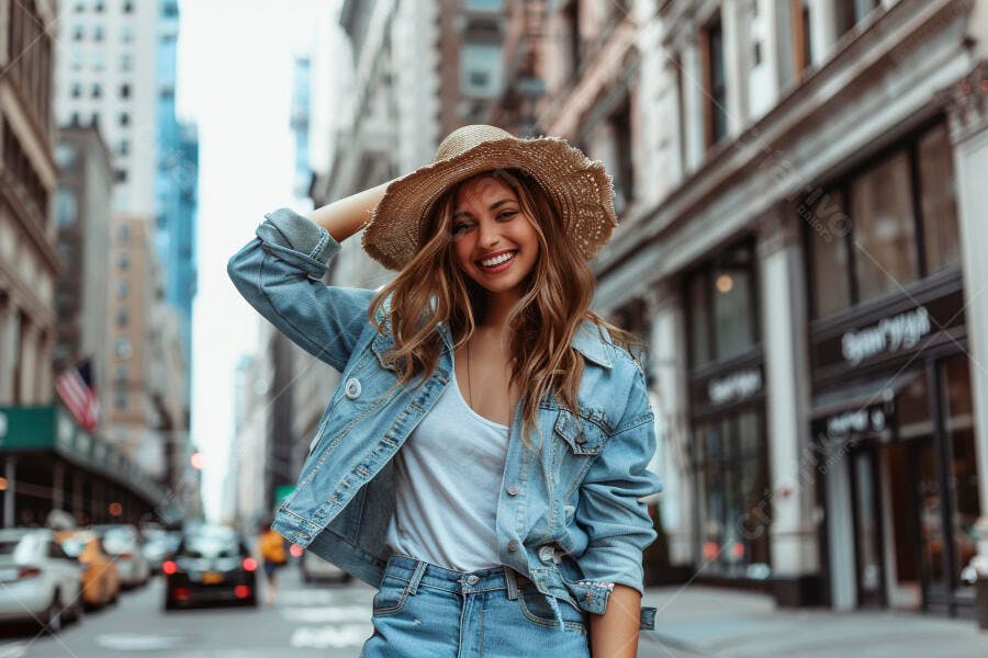 Foto Mulher Jovem Sorrindo Chapéu de Palha Rua Urbana