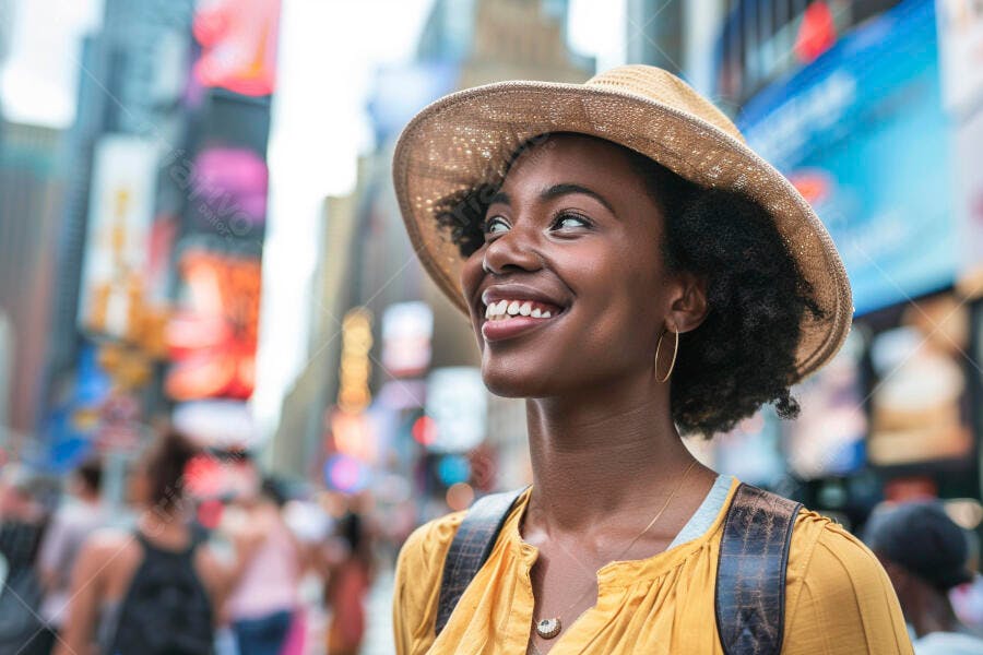 Foto Mulher Negra Sorrindo Chapéu Palha Cidade Grande Lifestyle