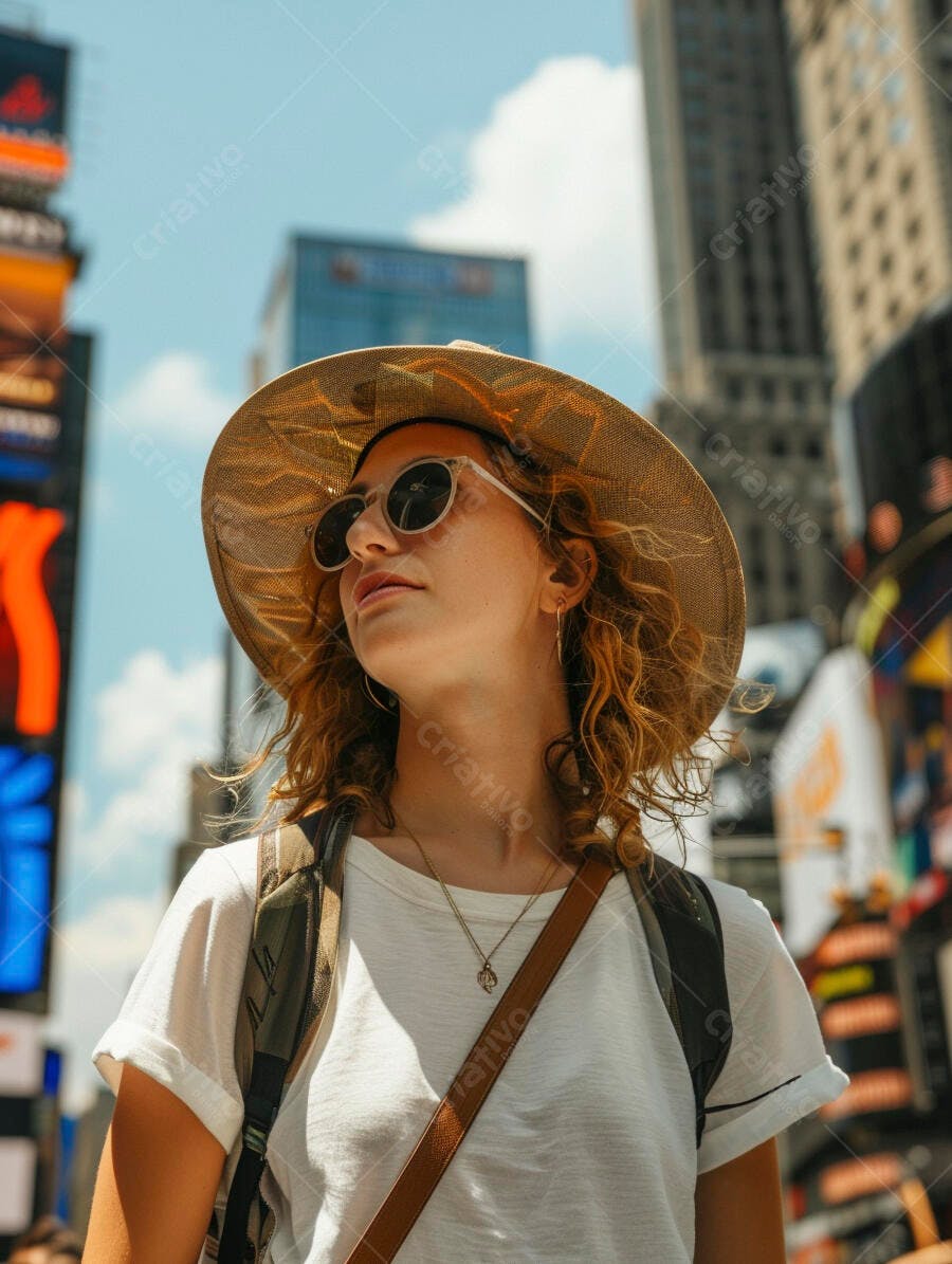 Foto Mulher Jovem Turista Chapéu Óculos Sol Cidade Grande