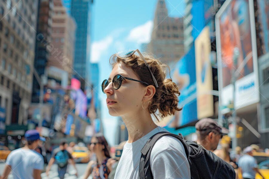 Foto Mulher Jovem Turista Óculos de Sol Cidade Grande Viagem