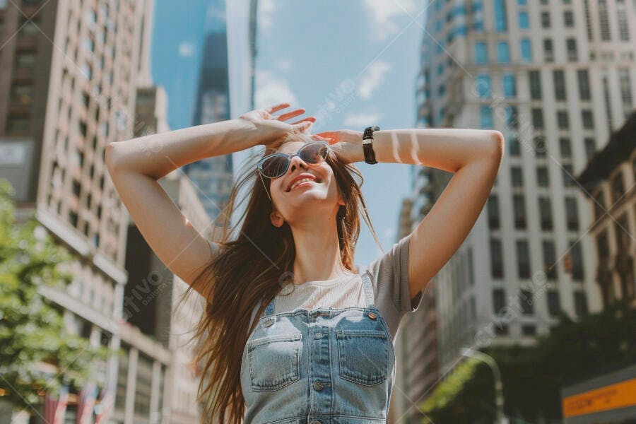 Foto Mulher Jovem Sorrindo Relaxando Cidade Verão