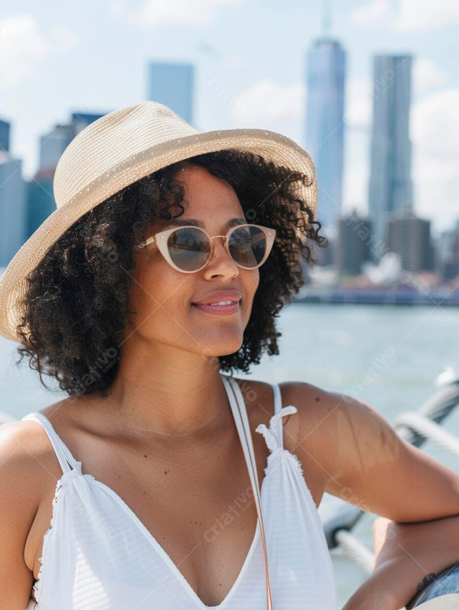 Foto Mulher Negra Sorrindo Chapéu Óculos Sol Viagem