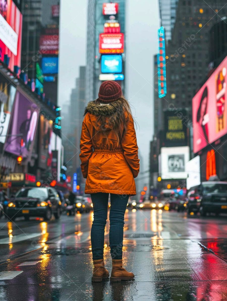 Foto Mulher de Costas Rua Chuvosa Cidade Grande Luzes Neon