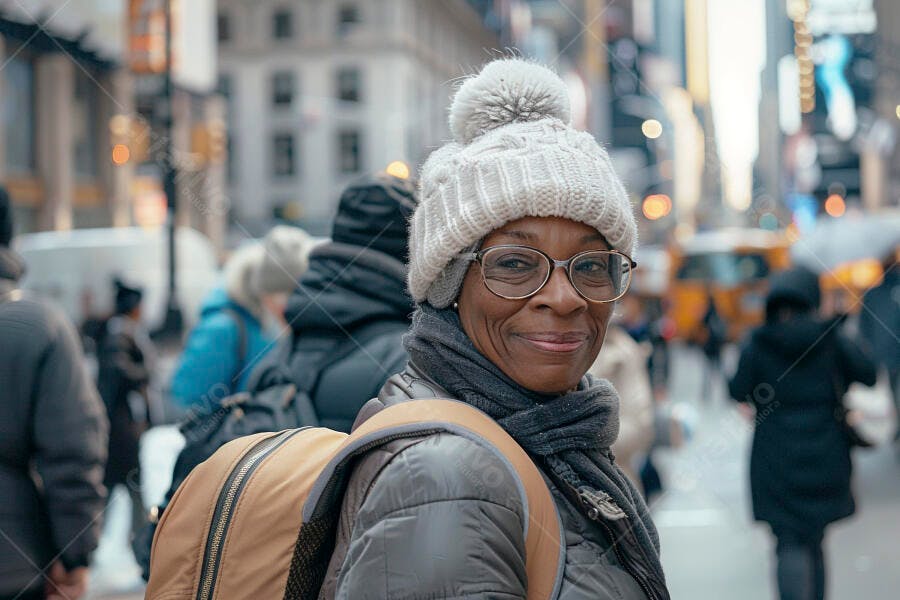 Foto Mulher Negra Idosa Sorrindo Rua Urbana Inverno