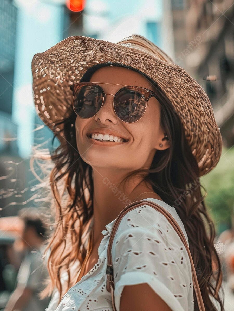 Foto Mulher Sorrindo Chapéu de Palha Óculos de Sol Verão