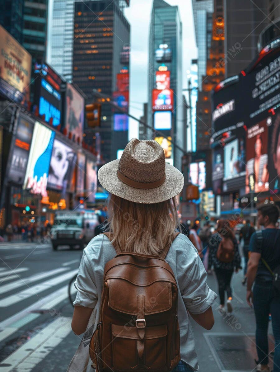Foto Mulher Viajando Mochila Chapéu Cidade Grande