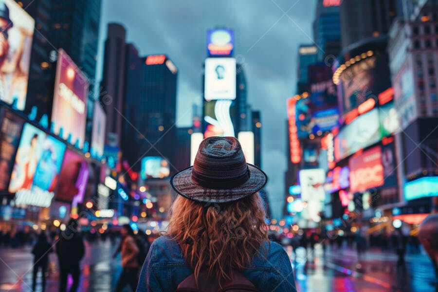 Foto Mulher de Chapéu Observando Times Square Nova York à Noite