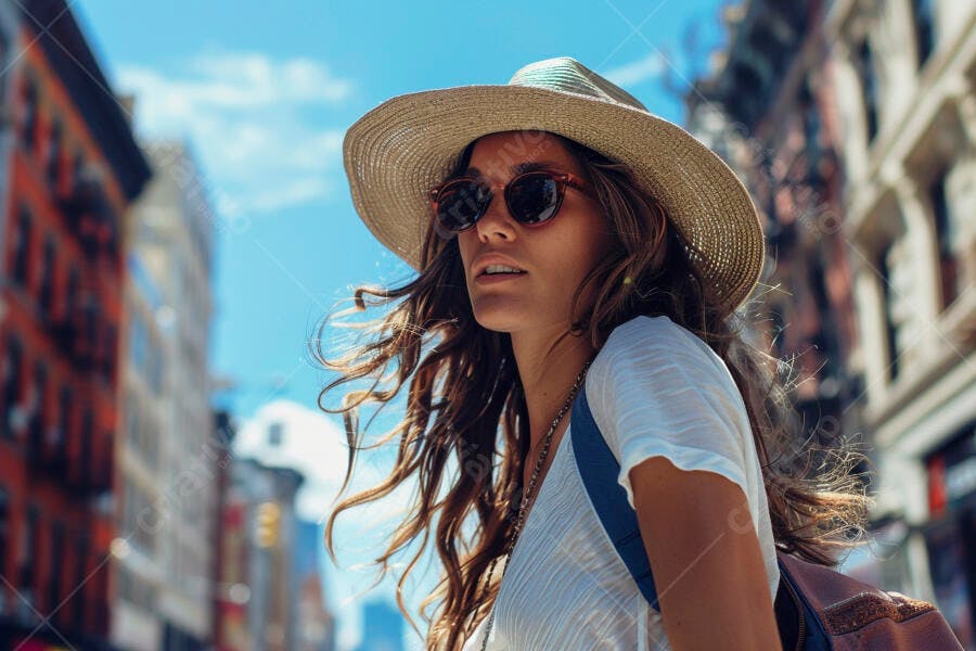Foto Mulher Jovem Chapéu Óculos de Sol Caminhando Cidade