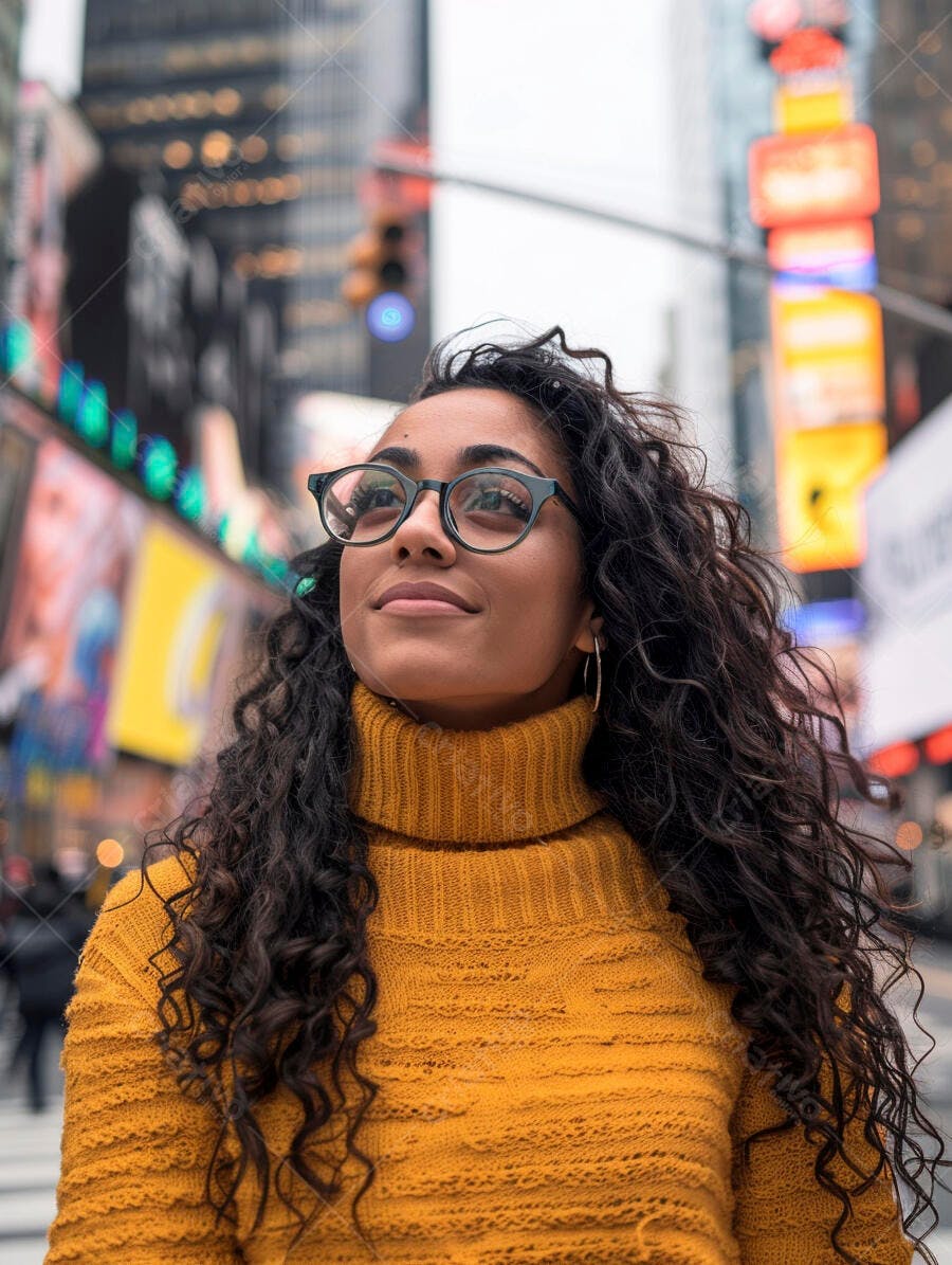 Foto Mulher Jovem Negra Óculos Olhando para Cima Cidade