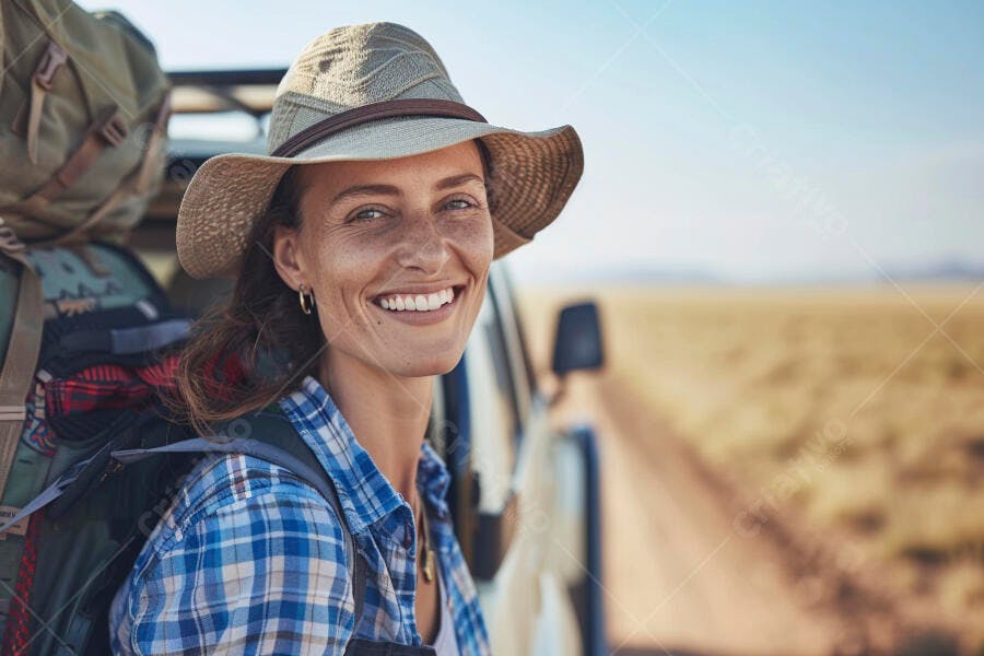 Foto Mulher Sorrindo Chapéu Safari Aventura Viagem