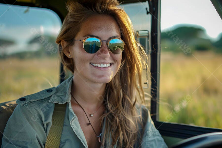 Foto Mulher Jovem Sorrindo Óculos de Sol Safari Aventura