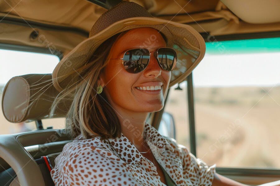Foto Mulher Sorrindo Dirigindo Carro Safari Chapéu e Óculos de Sol