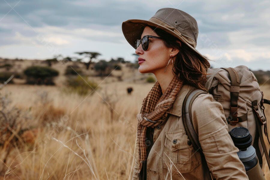 Foto Mulher Viajante Chapéu Mochila Safári Aventura
