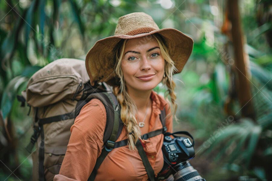 Foto Mulher Loira Mochileira Sorrindo Floresta Tropical
