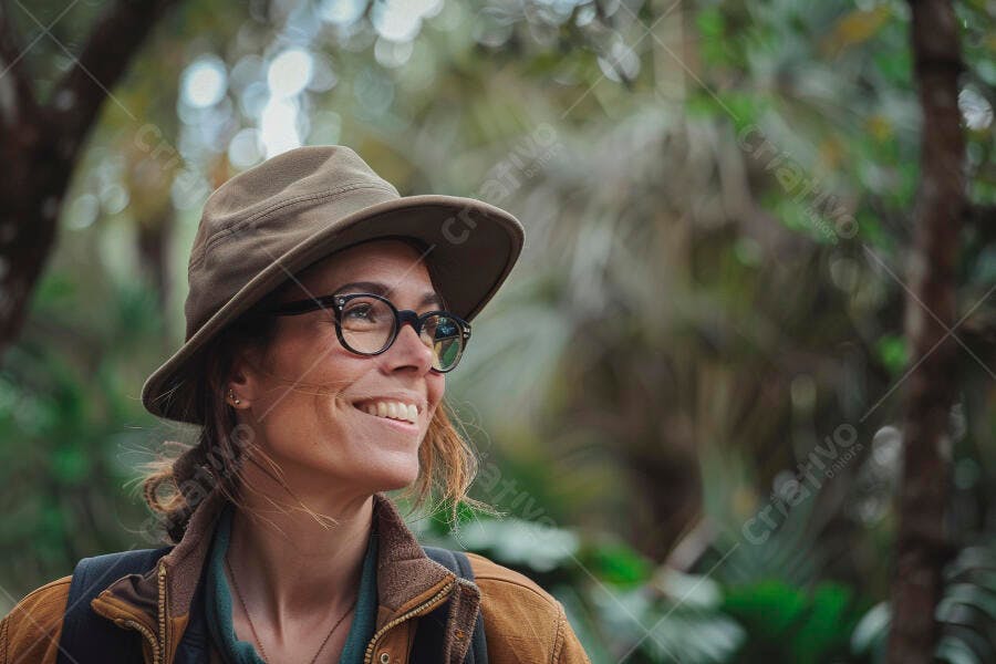 Foto Mulher Sorrindo Chapéu Óculos Trilha Floresta