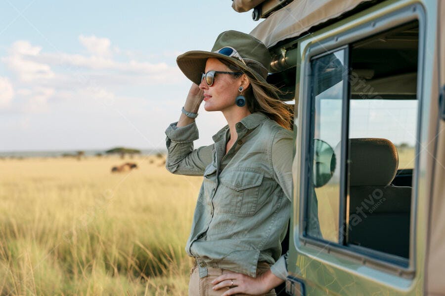 Foto Mulher Viajante Chapéu Observando Safári na África