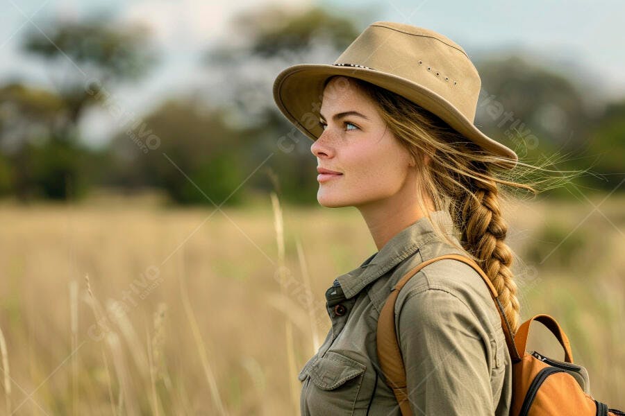 Foto Mulher Jovem Aventureira Chapéu Safari Natureza Aberta