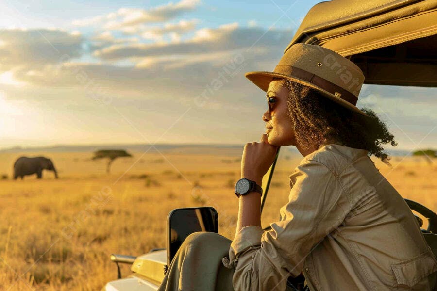 Foto Mulher Negra Observando Safari Pôr do Sol África