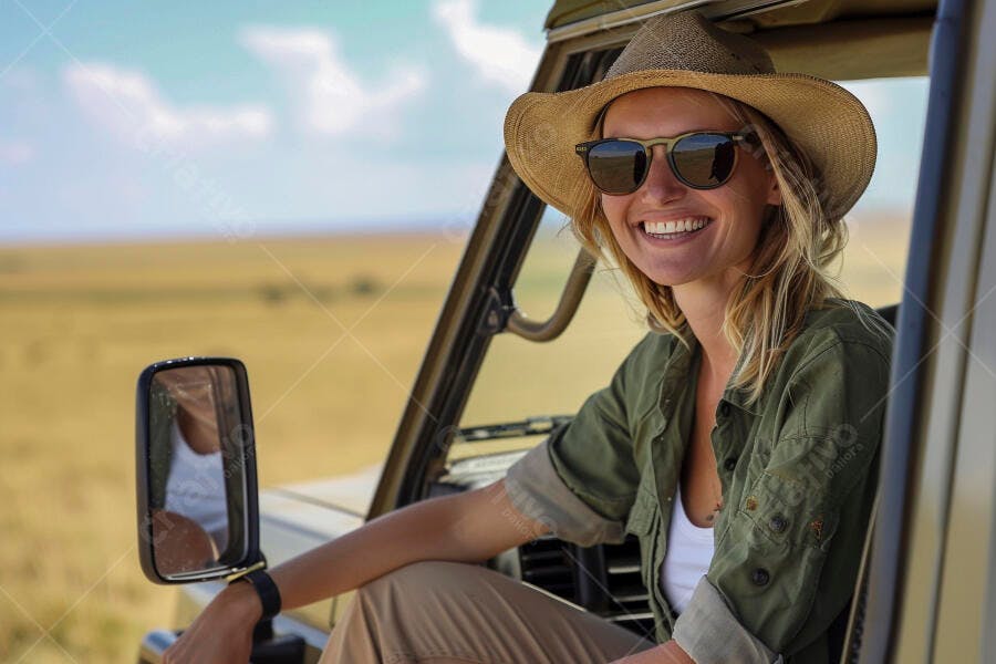 Foto Mulher Loira Sorrindo Safari Aventura Chapéu Óculos Sol