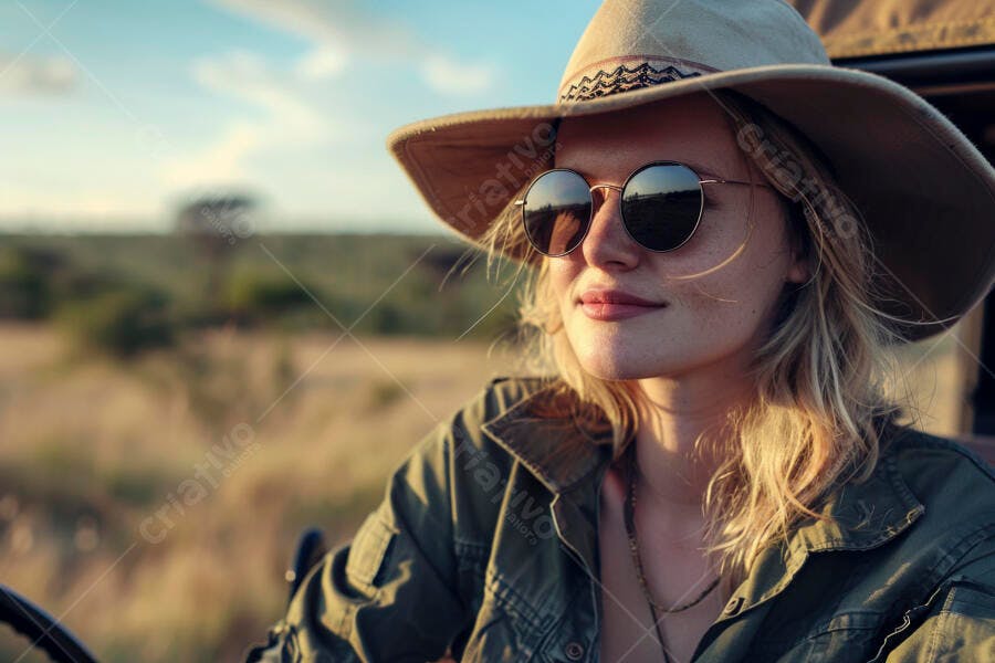 Foto Mulher Loira Chapéu Óculos de Sol Safari Aventura