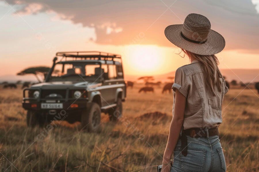 Foto Mulher Observando Pôr do Sol Safari na África Jipe