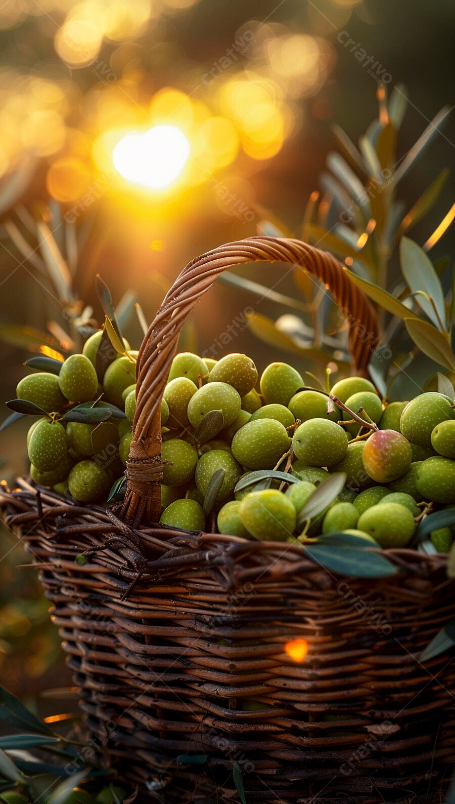 Foto Cesta de Azeitonas Verdes Colhidas Pôr do Sol