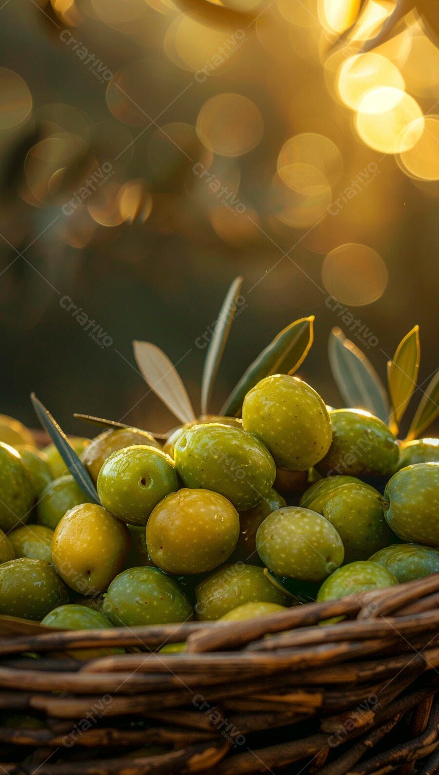 Foto Azeitonas Verdes Frescas Cesta Rústica Luz Dourada