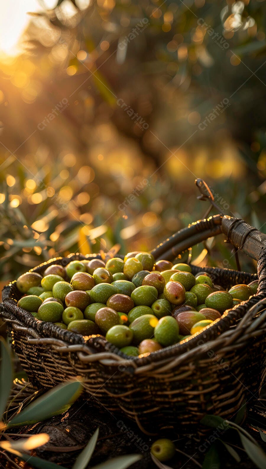 Foto Cesto de Azeitonas Colhidas Campo ao Pôr do Sol