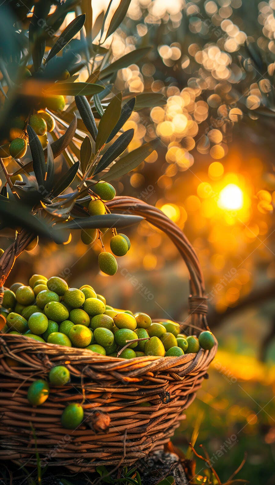 Foto Cesto de Azeitonas Verdes Colheita Pôr do Sol Dourado