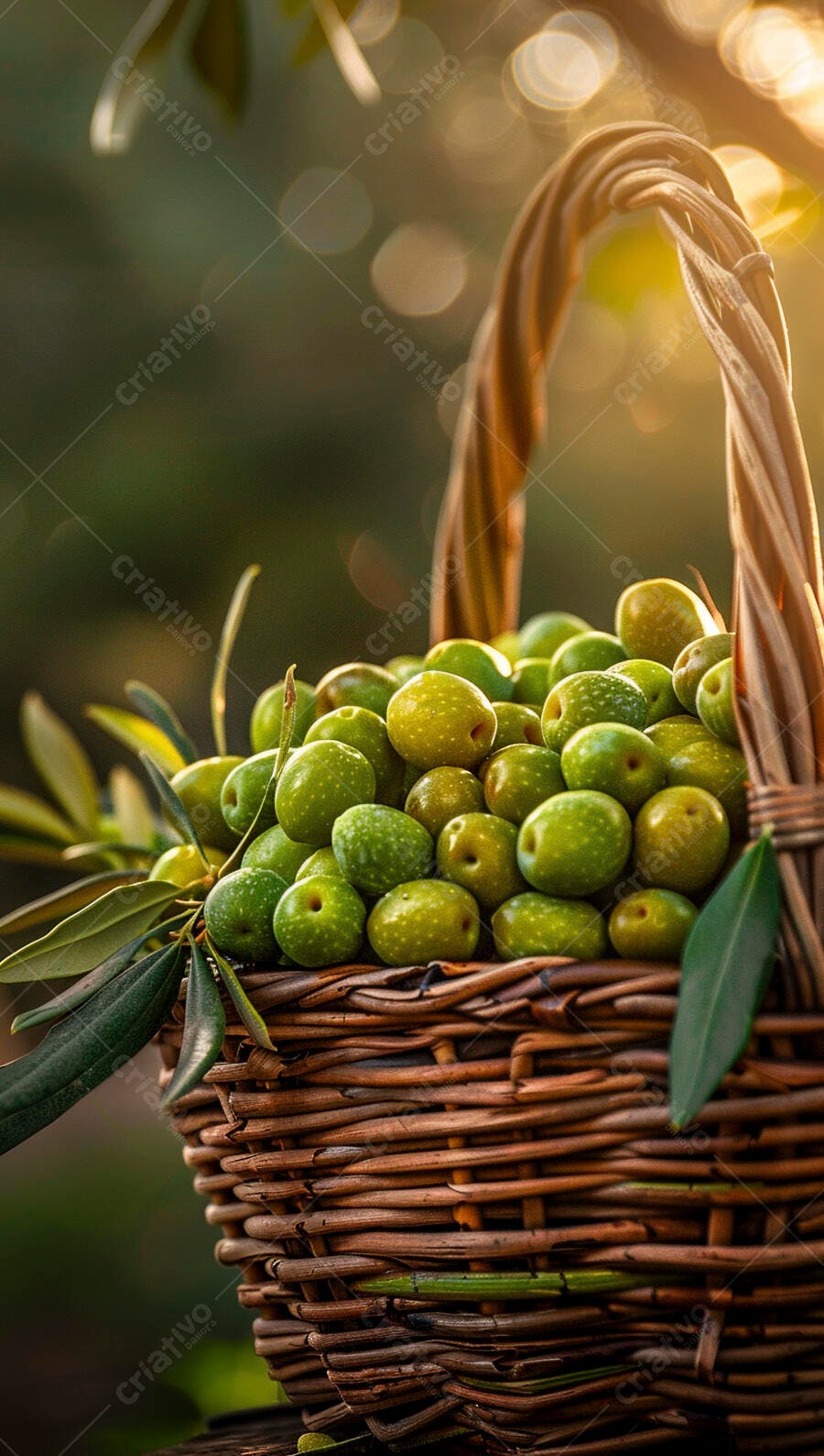 Foto Cesta de Azeitonas Verdes Colhidas Campo Ensolarado