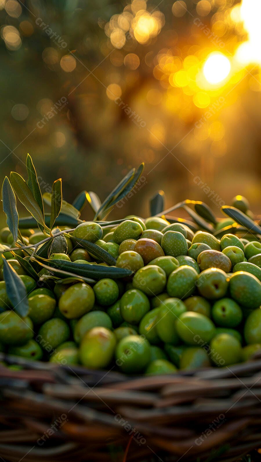 Foto Azeitonas Verdes Colhidas Cesta Rústica Fazenda Pôr do Sol