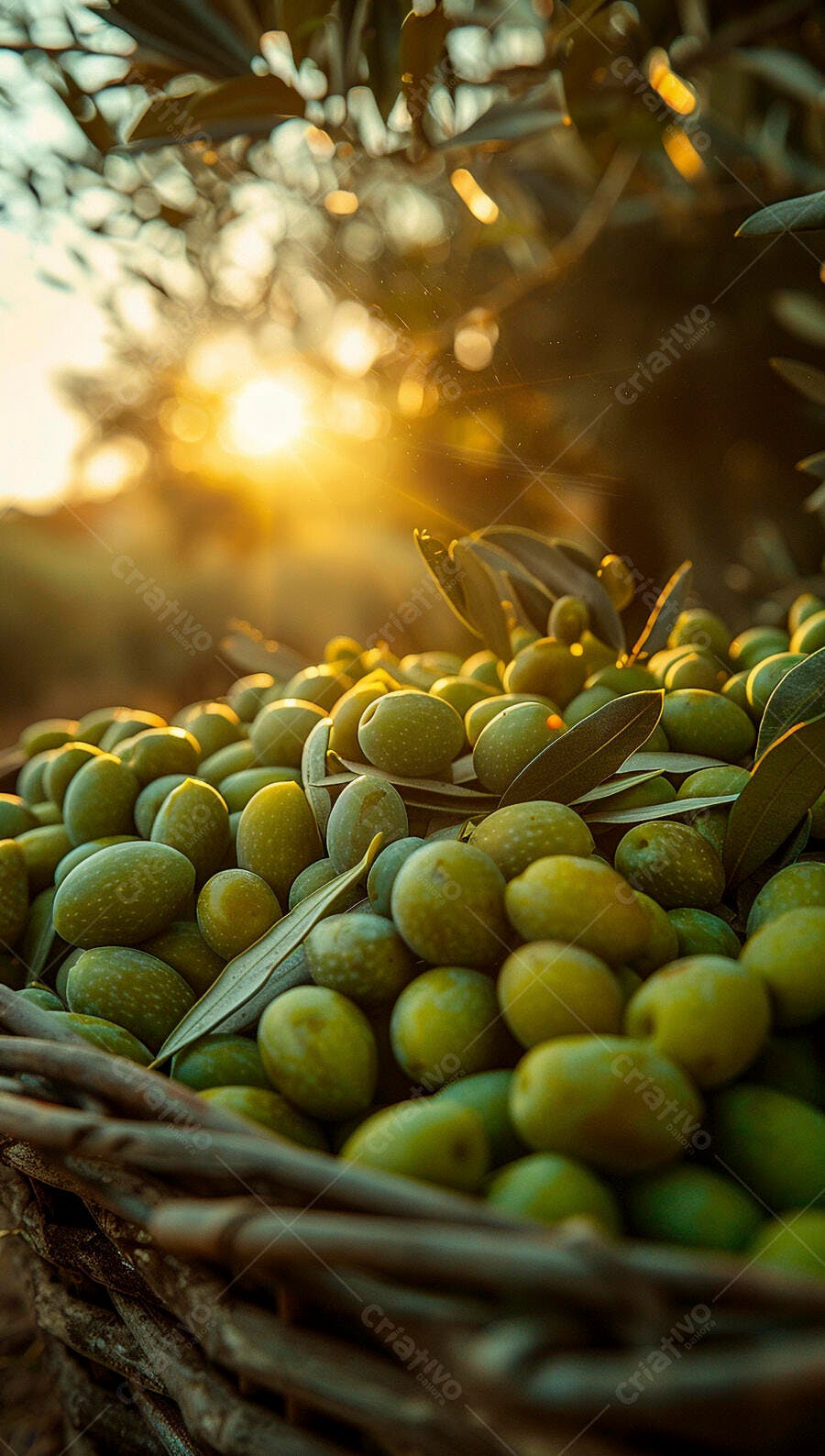 Foto Azeitonas Verdes Colhidas Cesta Rústica Pôr do Sol