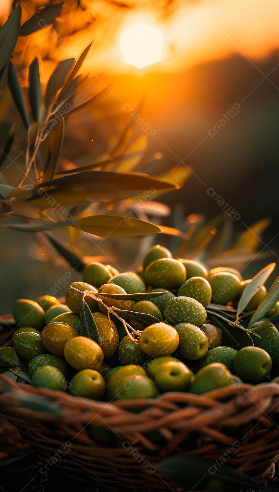 Foto Azeitonas Verdes Cesta de Vime Pôr do Sol Dourado