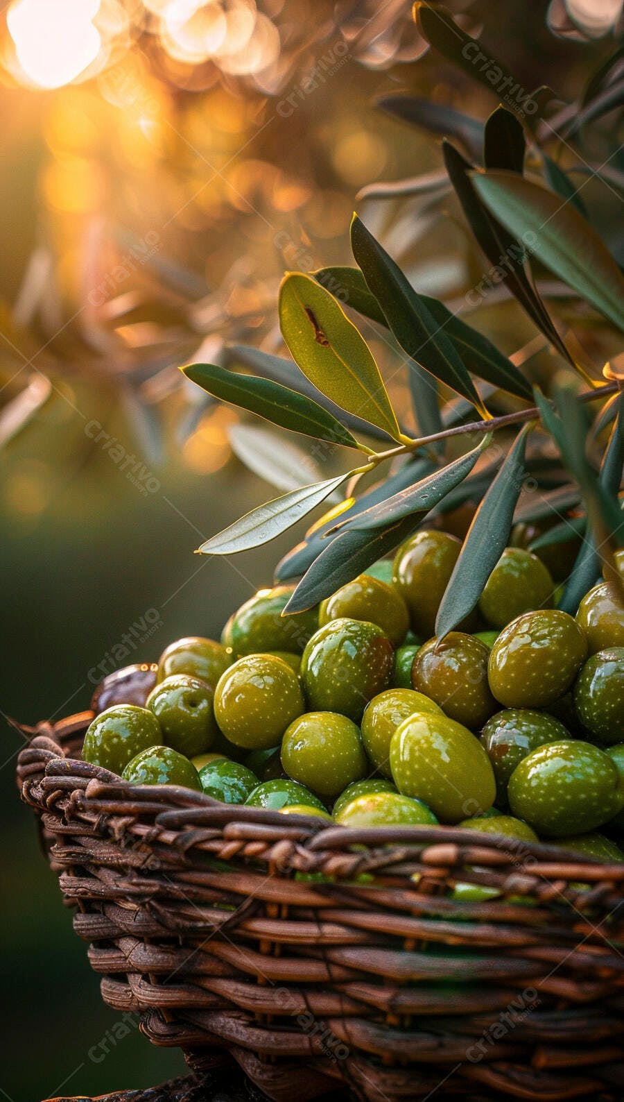 Foto Azeitonas Verdes Frescas Cesta Vime Colheita Dourada