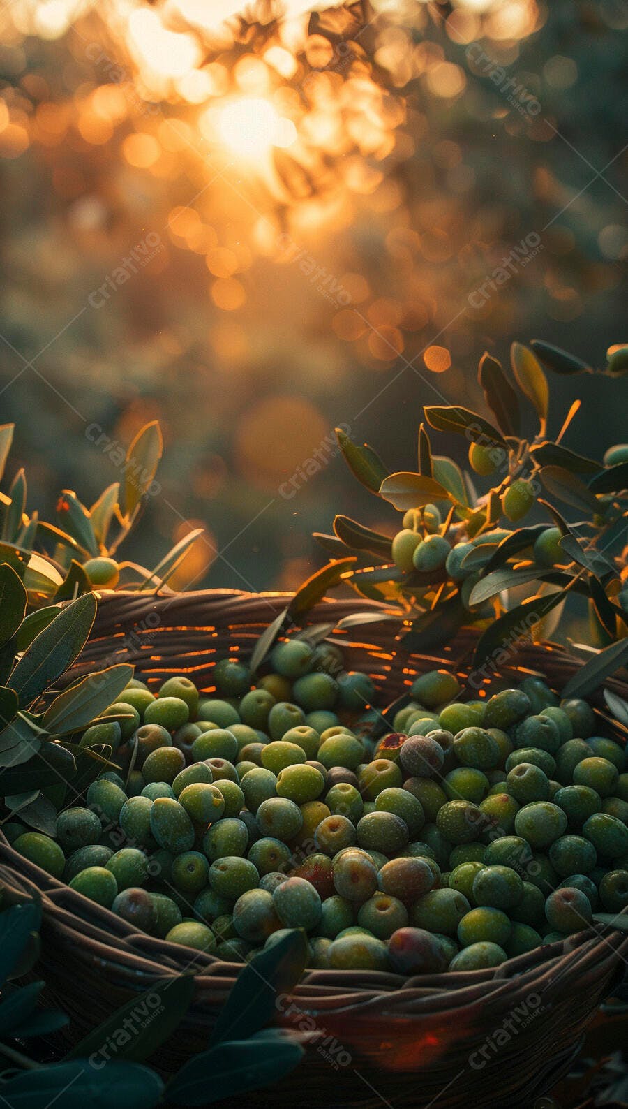 Foto Azeitonas Verdes Colhidas Cesta Rústica Luz Dourada