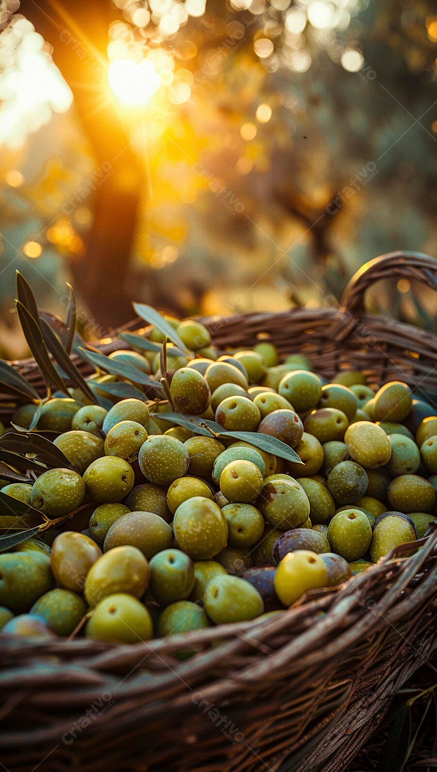 Foto Azeitonas Verdes Colhidas Cesta de Vime Pôr do Sol