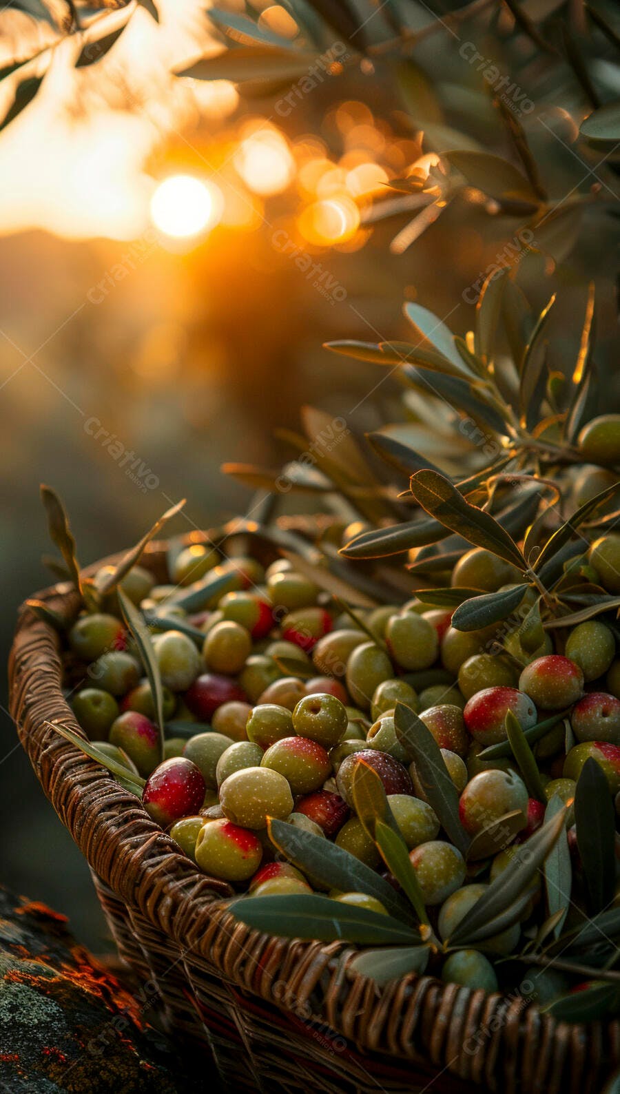 Foto Cesto de Azeitonas Colhidas Pôr do Sol Dourado