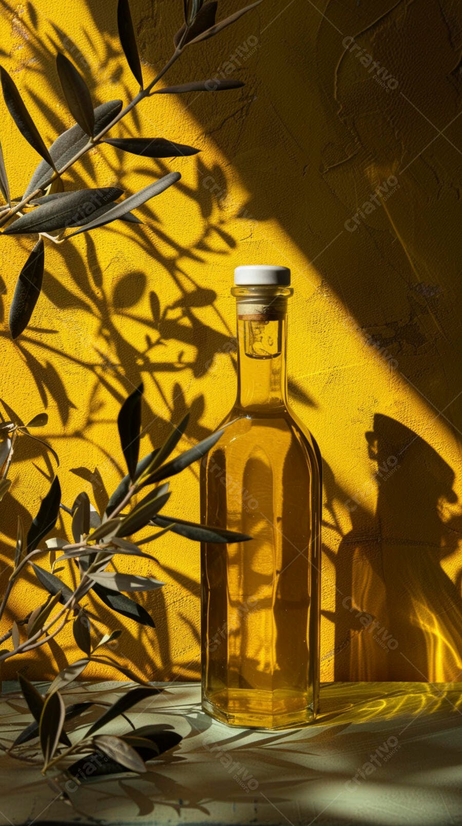 Foto Garrafa de Azeite de Oliva Ramo de Oliveira Fundo Amarelo