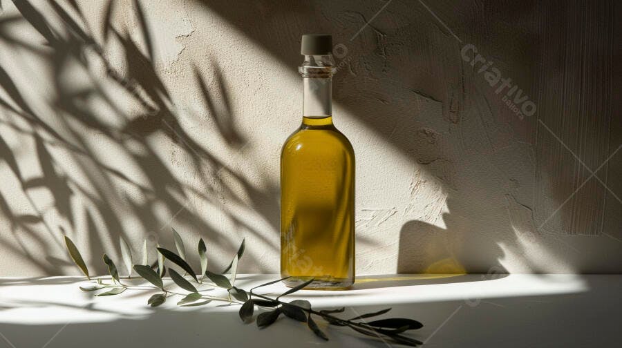 Foto Produto Azeite Oliva Garrafa Ramo de Oliveira Luz Natural