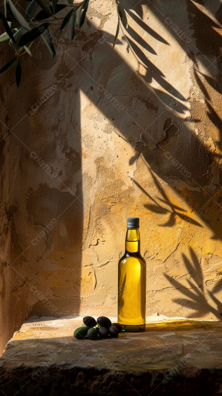 Foto Produto Azeite de Oliva Garrafa Olivas Pretas Luz Natural