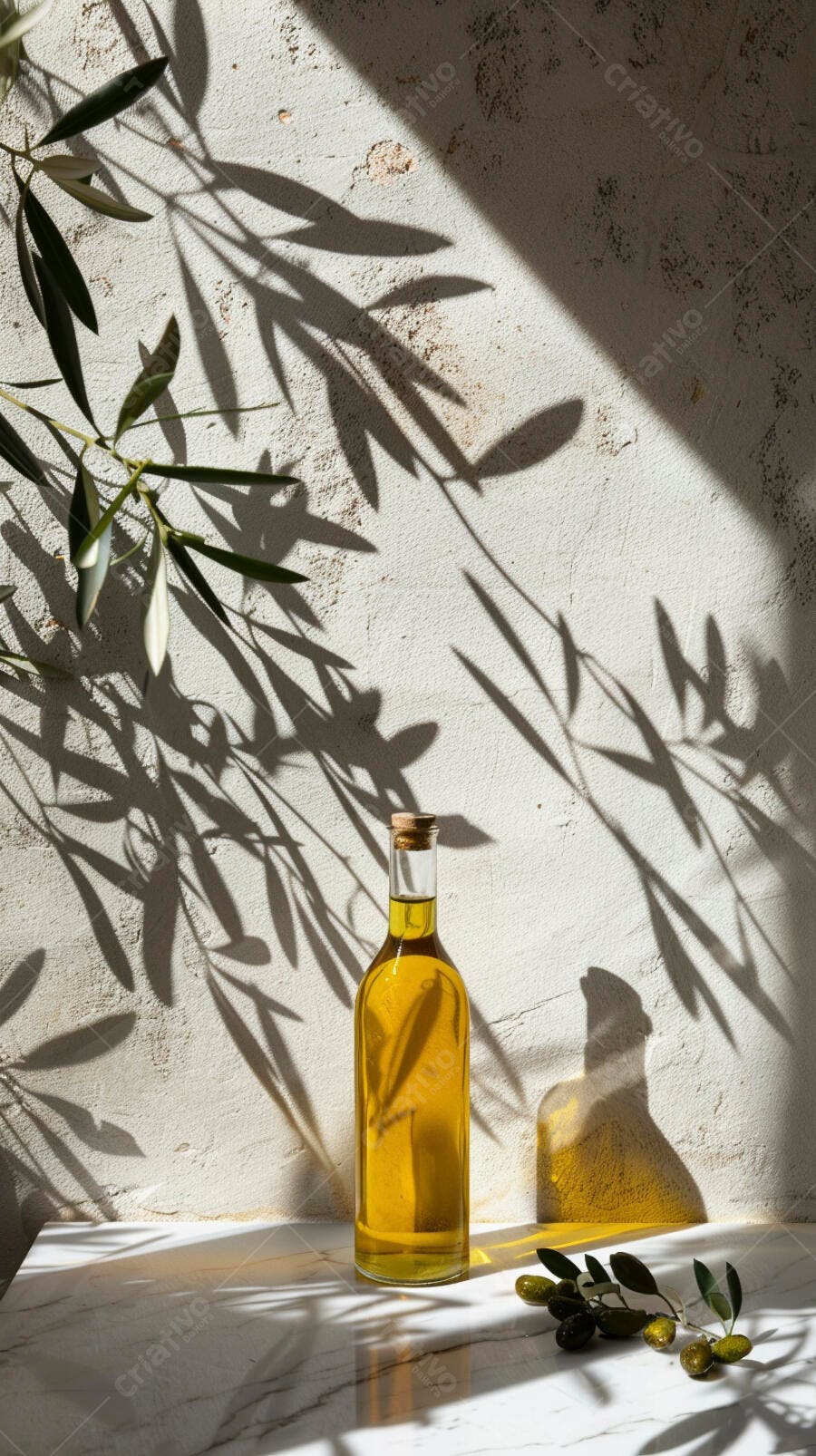 Foto Garrafa Azeite de Oliva Ramo de Oliveira Luz Solar