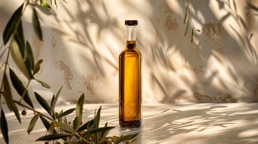 Foto Produto Azeite de Oliva Garrafa Ramo de Oliveira Luz Natural