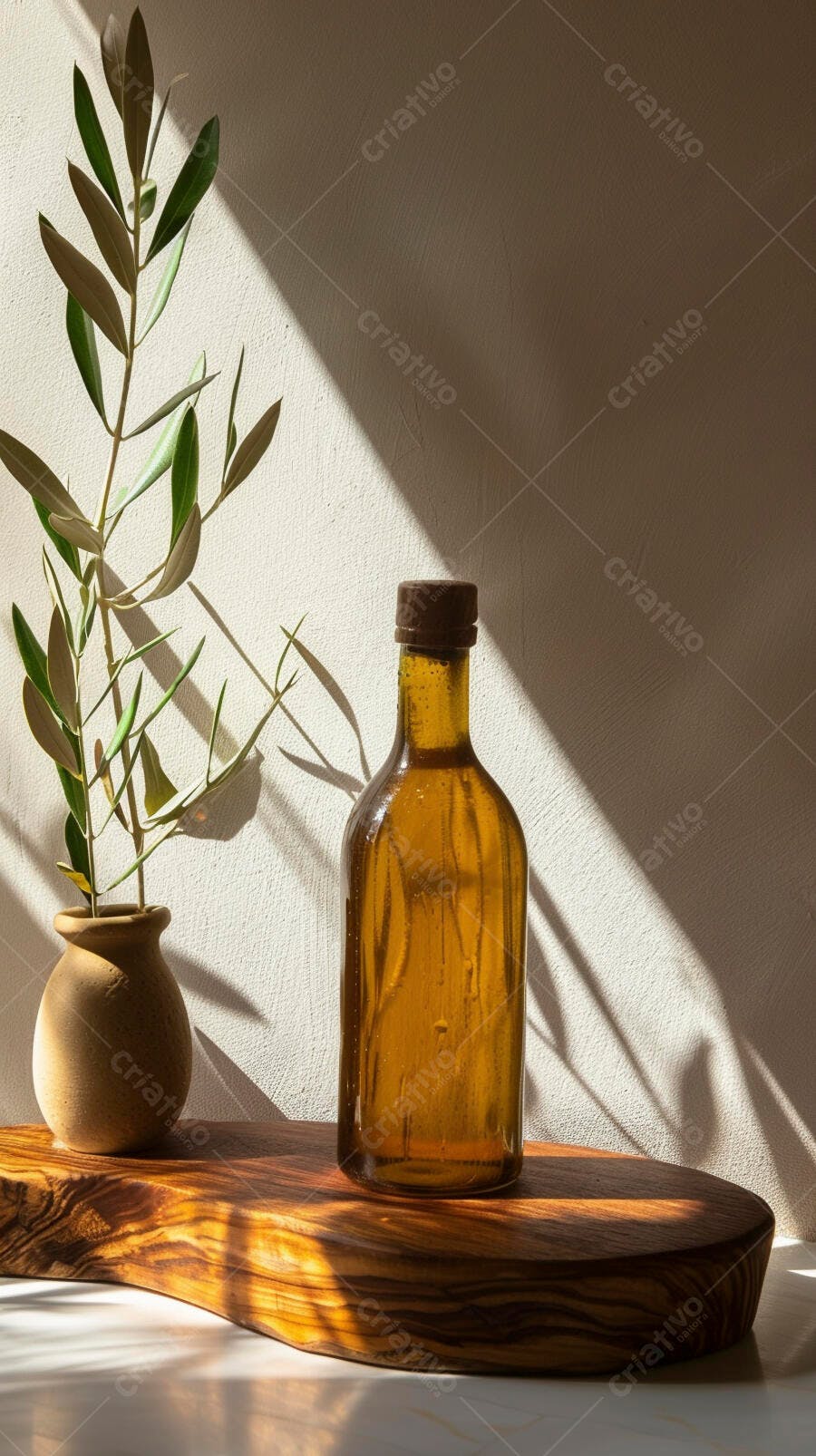 Foto Garrafa de Azeite e Ramo de Oliveira Luz Natural