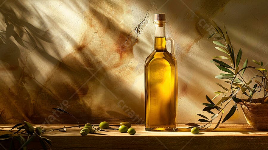Foto Garrafa Azeite Virgem Extra Ramo Oliveira Luz Natural