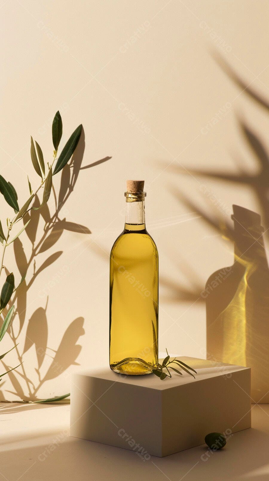 Foto Produto Azeite de Oliva Garrafa Ramo de Oliveira Luz Natural