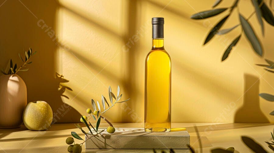 Foto Produto Azeite de Oliva Garrafa Ramo de Oliveira Luz Natural