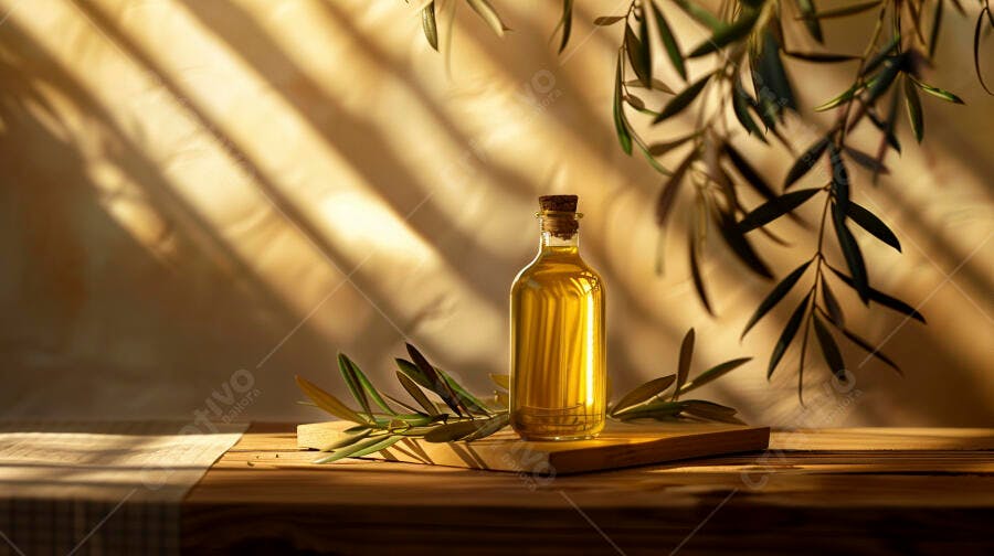 Foto Garrafa de Azeite de Oliva Ramo de Oliveira Luz Natural