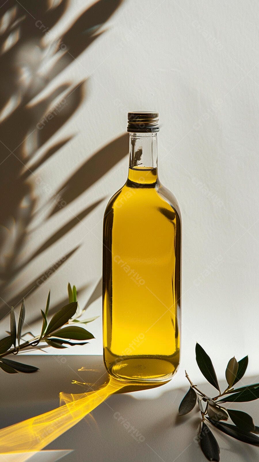 Foto Garrafa de Azeite Virgem Extra Ramo de Oliveira Luz Natural