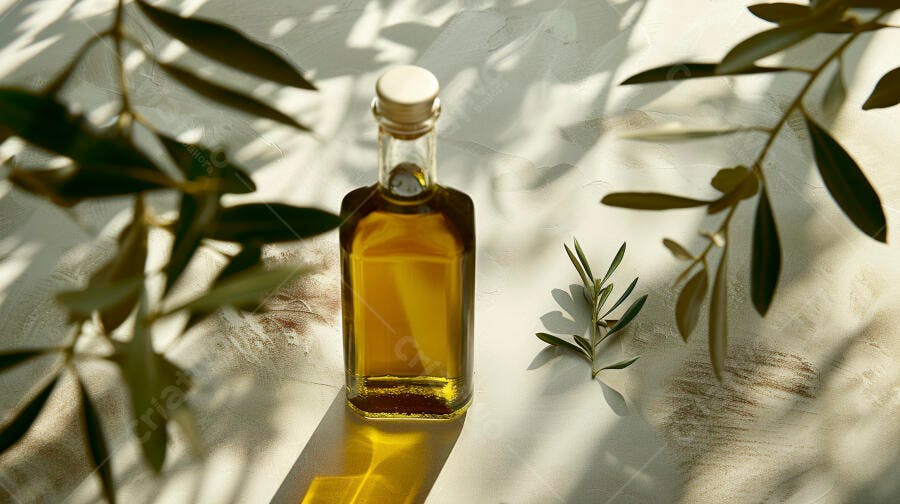 Foto Garrafa Azeite Oliva Ramo Oliveira Fundo Branco Iluminação Natural